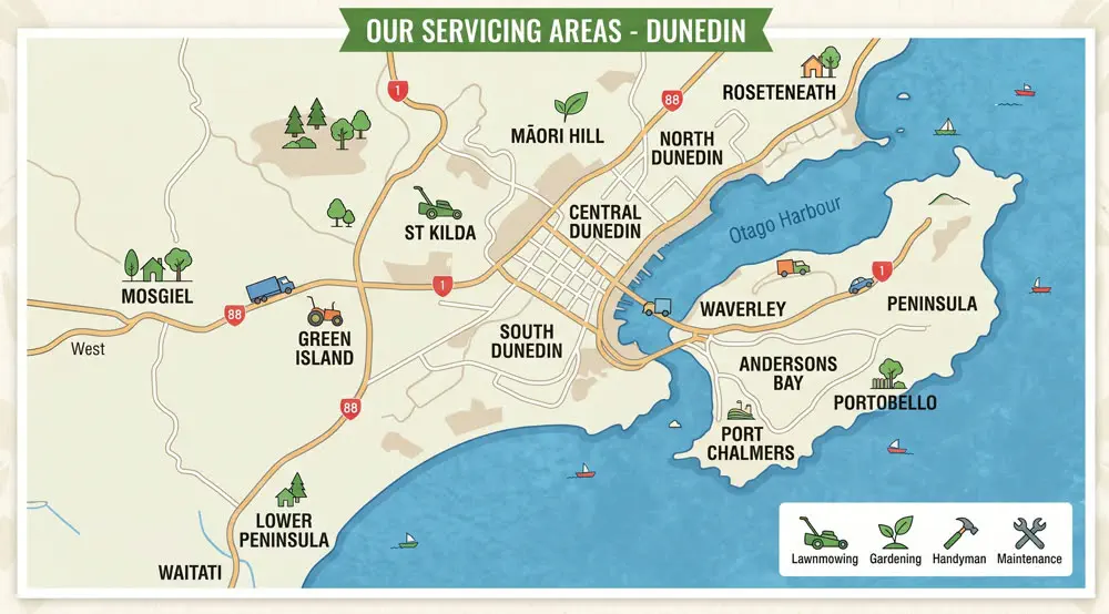 Map of J.W Contracting Services' service area across Dunedin, including St Kilda, Green Island, Mosgiel, Waverley, Andersons Bay and the Otago Peninsula