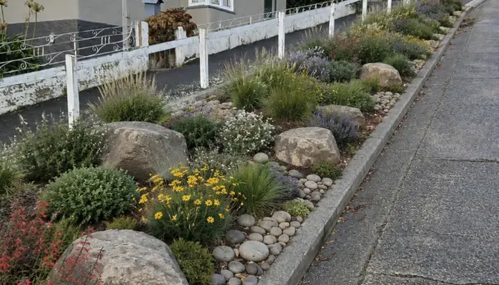 Landscaped garden with boulders, native grasses and flowers along a street