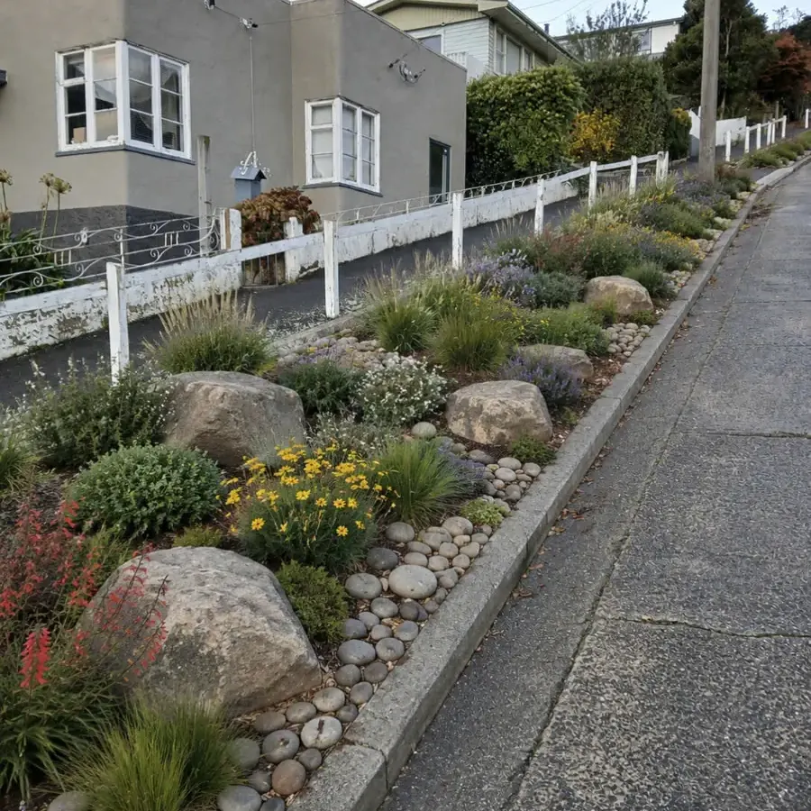 Landscaped garden with boulders, native grasses and flowers along a street