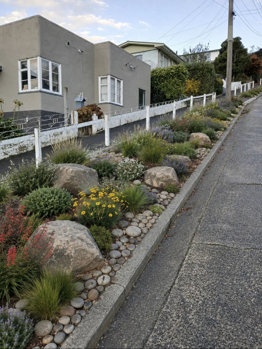 Landscaped garden with boulders, native grasses and flowers along a street